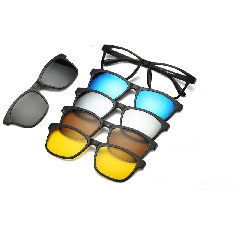 Picture of 6 in 1 Magnetic Sunglass Clip Polarized UV Protection Sunglasses Men Magnetic Clip Sunglasses Magnet Glasses Frame Glasses with Bag - One size,Black