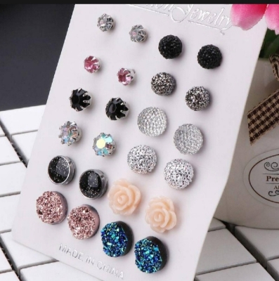 Picture of 12 Pairs Assorted Crystals Druzy Stone Resin Stone Round Stud Earrings Set Women - 