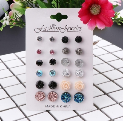 Picture of 12 Pairs Assorted Crystals Druzy Stone Resin Stone Round Stud Earrings Set Women - 