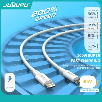 Picture of PD Cable -JUYUPU Type C to Apple 30W orginal PD Cable  Type C To Apple Cable Type C To lightning Fast Charging Cable Support 6A White 1.2M - White