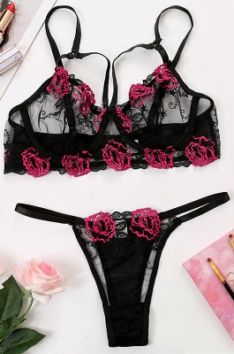 Picture of 2 Pcs/Set Rose Comfortable Lace Underwear & Panty Set - 