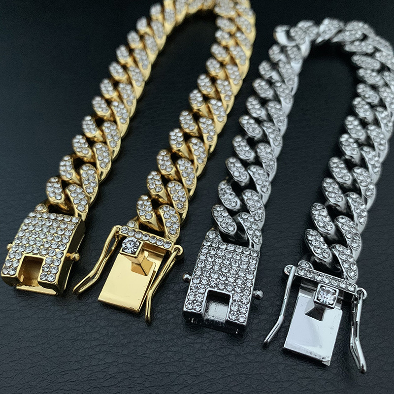 Picture of New Vintage Stylish Men Cuban Link Chain Bracelet Shiny Rhinestone Inlaid Bangle Bracelet Jewelry - 