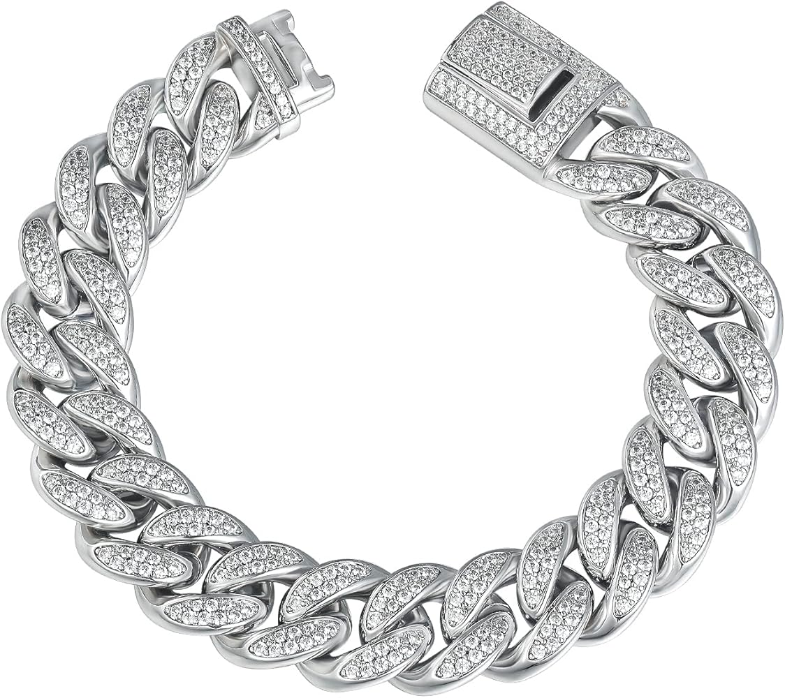 Picture of New Vintage Stylish Men Cuban Link Chain Bracelet Shiny Rhinestone Inlaid Bangle Bracelet Jewelry - 