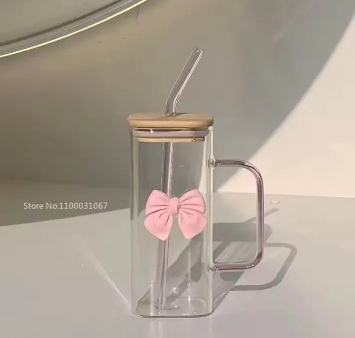 Picture of 350ML Square Mug with Lids and Straws with Bow Water Cup Household Cup Female Milk Coffee