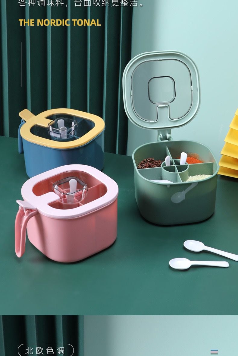 Picture of 4 Grids Kitchen Seasoning Storage Container Box Condiment Spice Holder with Lid Bulk food Boxes