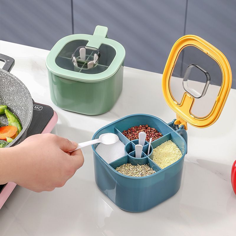 Picture of 4 Grids Kitchen Seasoning Storage Container Box Condiment Spice Holder with Lid Bulk food Boxes