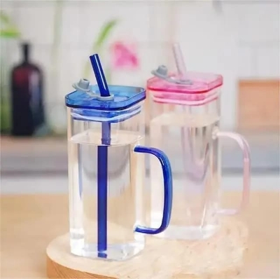 Picture of 400ml Glass Cup With Lid and Straw Transparent Bubble Tea Cup Juice Glass Beer Can Milk Mocha Cups Breakfast Mug Drinkware