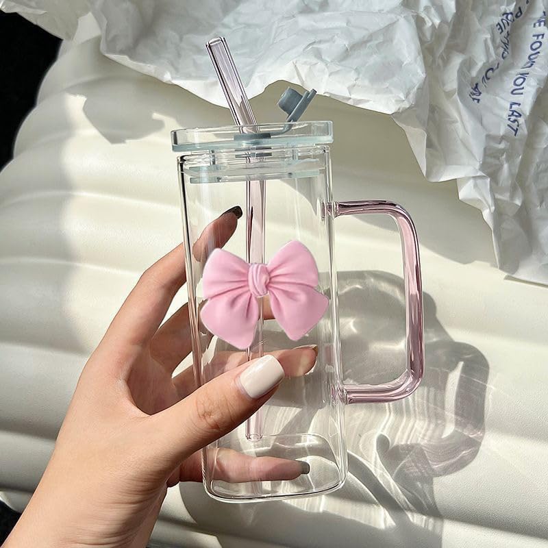 Picture of Girls Lovely Delicate Bownot Glass Cup with Straws and Lids, Lemon Tea Cup, Milk Cup For Home, Office, Dining Room (Pink Bowknot) (Pink)