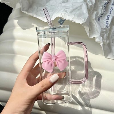 Picture of Girls Lovely Delicate Bownot Glass Cup with Straws and Lids, Lemon Tea Cup, Milk Cup For Home, Office, Dining Room (Pink Bowknot) (Pink)