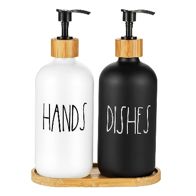 Picture of JAERBEE Hand and Dish Soap Dispenser for Kitchen Sink - Farmhouse Kitchen Soap Dispenser Set with Tray (Black & White)