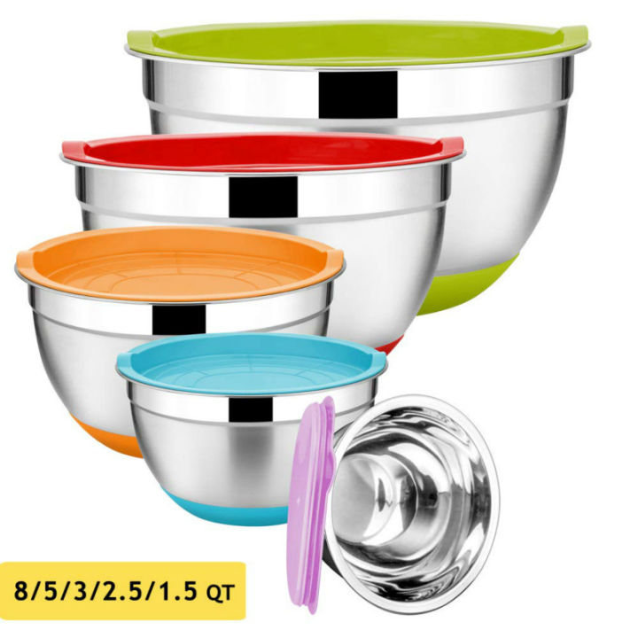 Picture of Meisheng stainless steel mixing or salad bowls with covers.