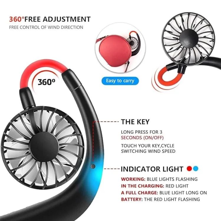 Picture of Portable Sports Neck Fan, 1800mAh USB Rechargeable Hands-Free Mini Personal Desktop Fan, 3 Wind Speeds, 7 Blades, 360 Degree (Black)