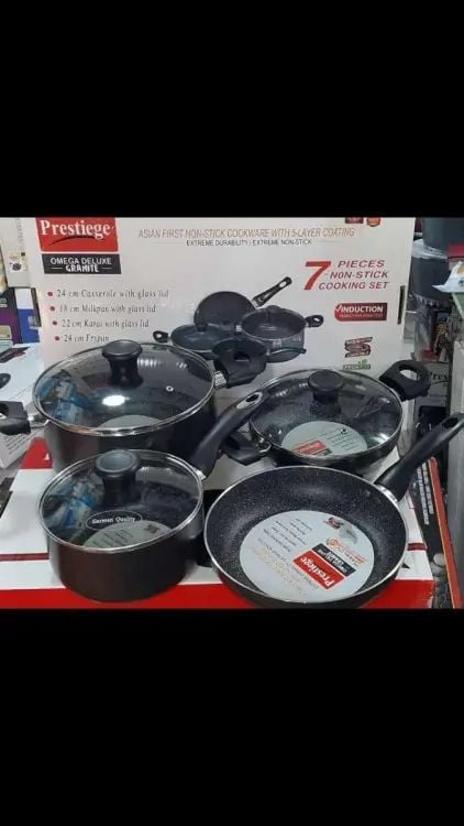 Picture of Prestiege Granite Coated 7 Pcs Induction Cookware Set For Superior Release -1Pc Casserol, 1Pc Fry pan, 1Pc Karai, 1Pc Milk pan and 3 lids Gift And Home Use