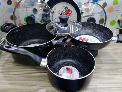 Picture of Prestiege Granite Coated 7 Pcs Induction Cookware Set For Superior Release -1Pc Casserol, 1Pc Fry pan, 1Pc Karai, 1Pc Milk pan and 3 lids Gift And Home Use
