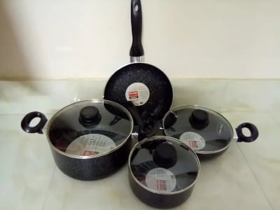 Picture of Prestiege Granite Coated 7 Pcs Non stick  Cookware Set For Superior Release -1Pc Casserol, 1Pc Fry pan, 1Pc Karai, 1Pc Milk pan and 3 lids Gift And Home Use