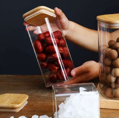 Picture of Square Airtight Glass Jars 1PC Container with Bamboo Lid for Kitchen Food Snack Seasoning Pasta Storage Bottle Seal Glass Container