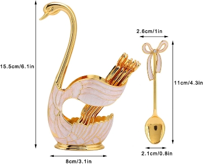 Picture of Tea Bag Holder Dish and Spoon Rest, Metal Coffee Dessert Flatware Spoon Forks Holder, Swan Base Holder and 6 Spoons Set Decorative Tableware Dinnerware for Stirring Mixing Fruit Tea(Golden White) (Gold)