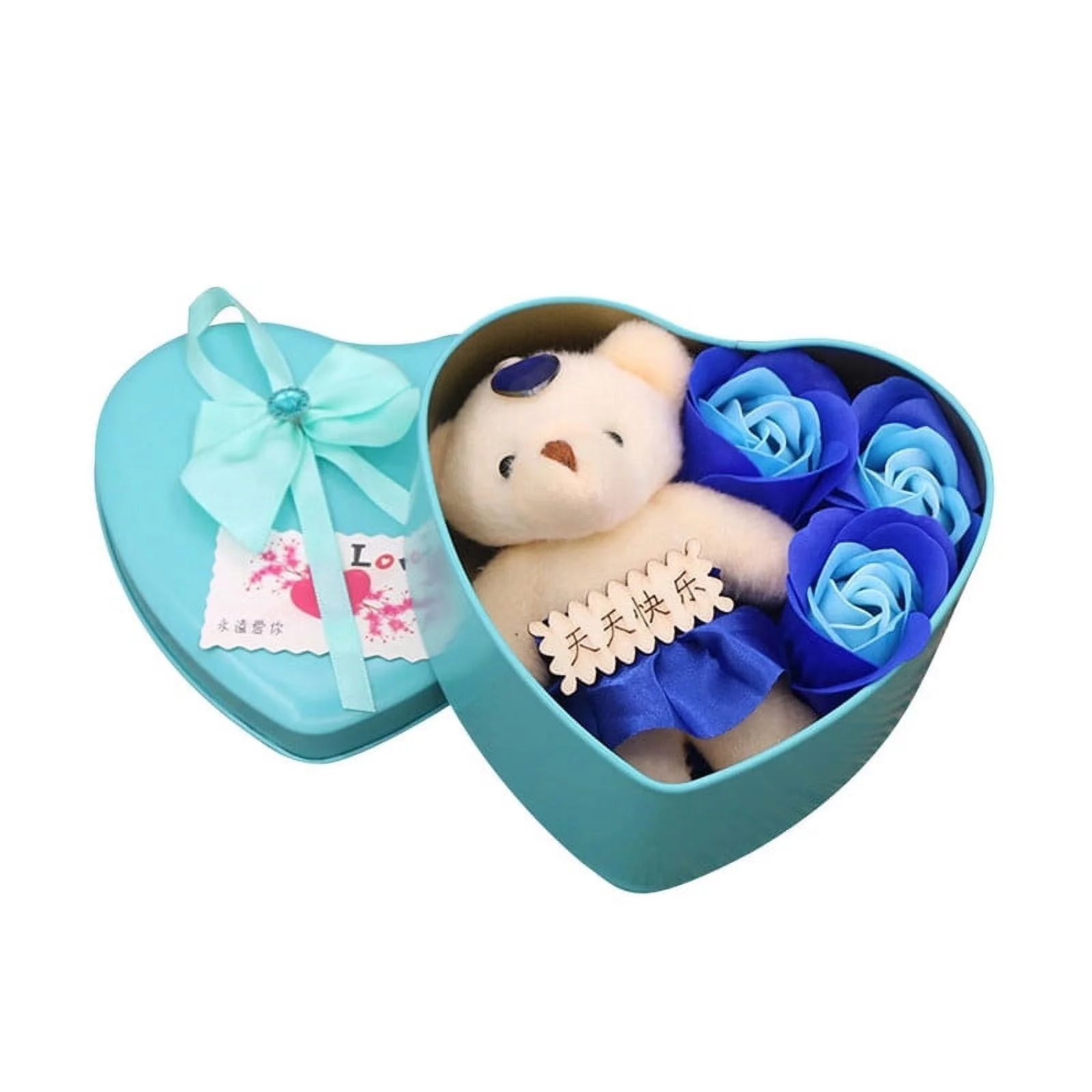 Picture of Heart-Shaped Blue Gift Box with Teddy and Roses Valentine Day Best Love Gift for Girlfriend - gift box Blue