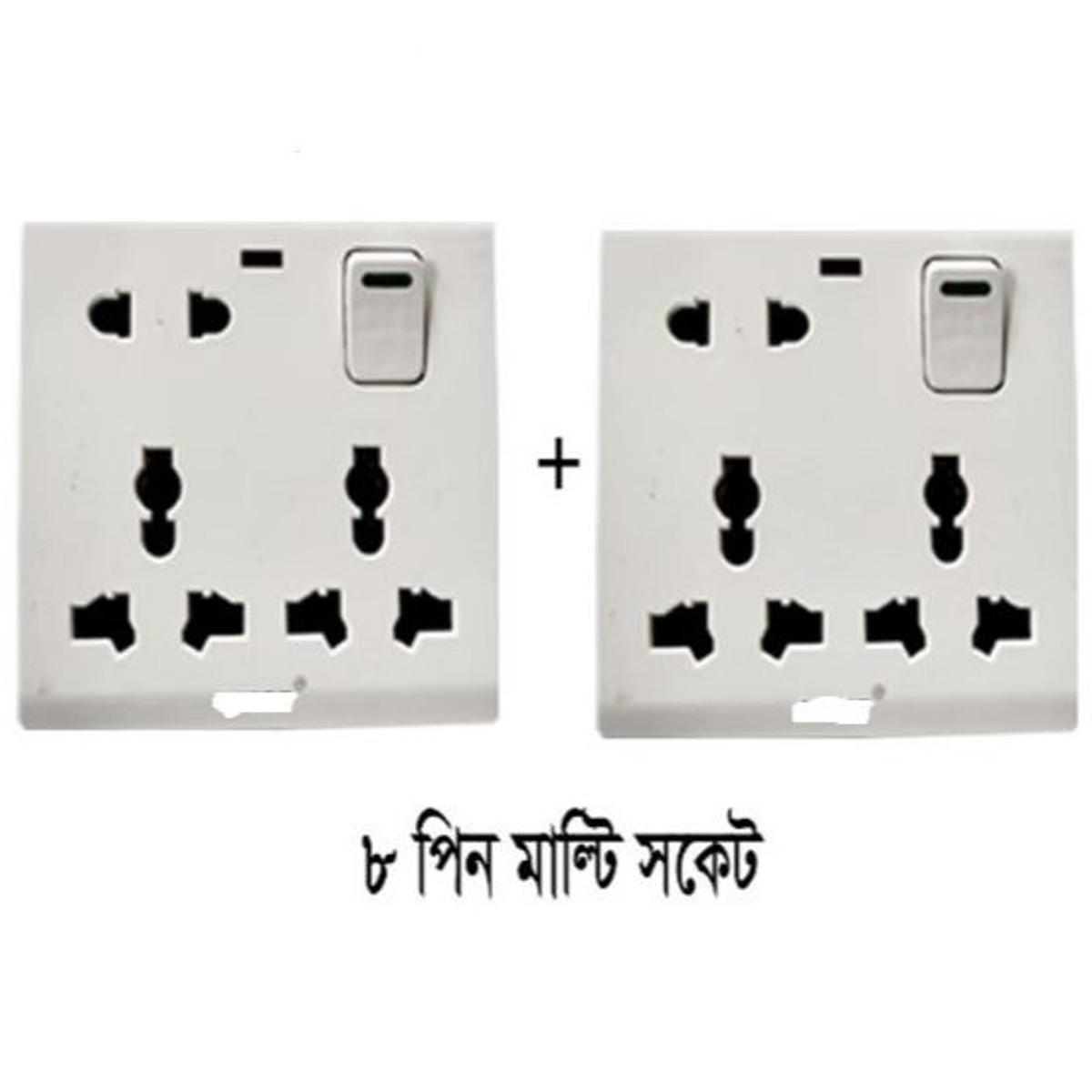Picture of 2 Pcs 8 Pin Multi Gang Socket Double 3 Pin- 1Piece 2 Pin Multi Function Universal Wall Switch Socket White