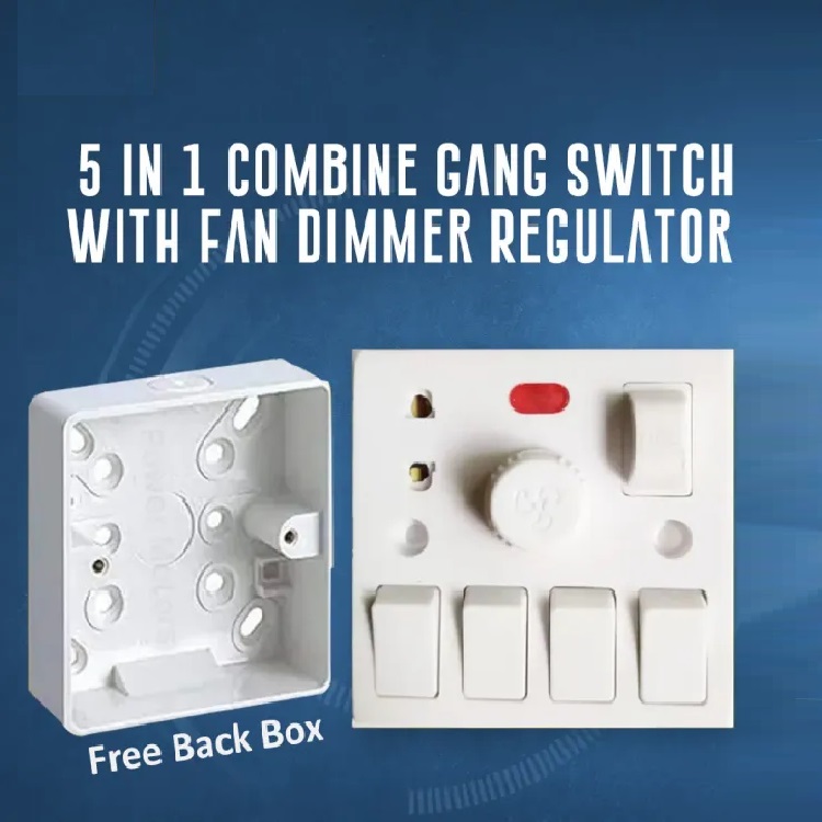 Picture of 5 In 1 AC 250V 4 Pcs Gang Switch + Fan Dimmer Regulator + 2 Pin Socket and LED Indicator With Fuse Wall Gang Switch With 1 Gang Back Box White