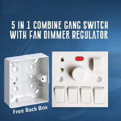 Picture of 5 In 1 AC 250V 4 Pcs Gang Switch + Fan Dimmer Regulator + 2 Pin Socket and LED Indicator With Fuse Wall Gang Switch With 1 Gang Back Box White