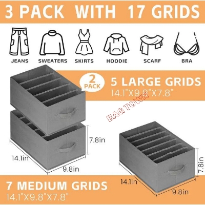 Picture of 7Grids Large Cloth Organizer Box 3 Pcs Closet Storage drawer divider storage organizer Box. Material - Grey