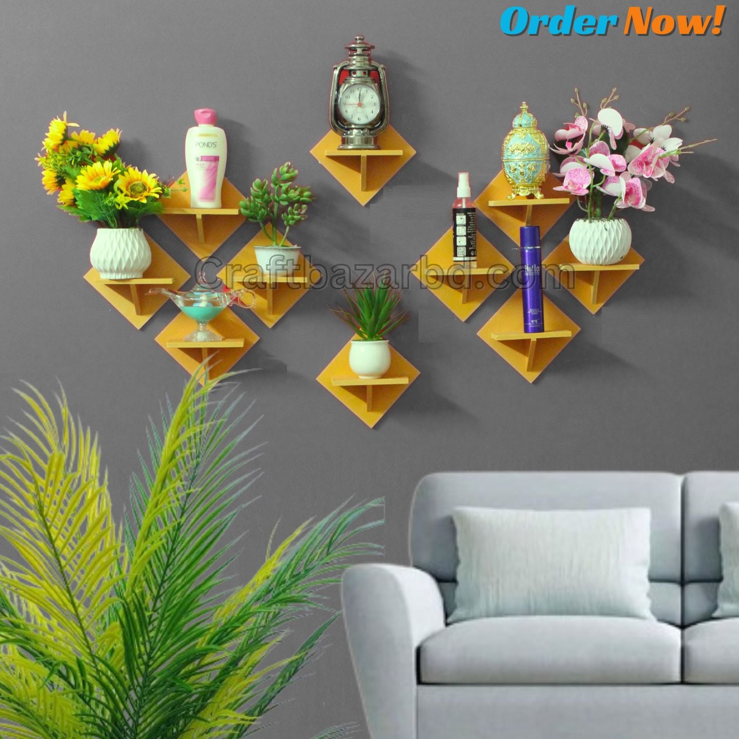 Picture of all Mounted Square Shape Showpiece Rack. Wall Decorative 5 Pcs 1 Set . Self Adhesive Hand Made Flower, Toffee,& Showpiece Holder