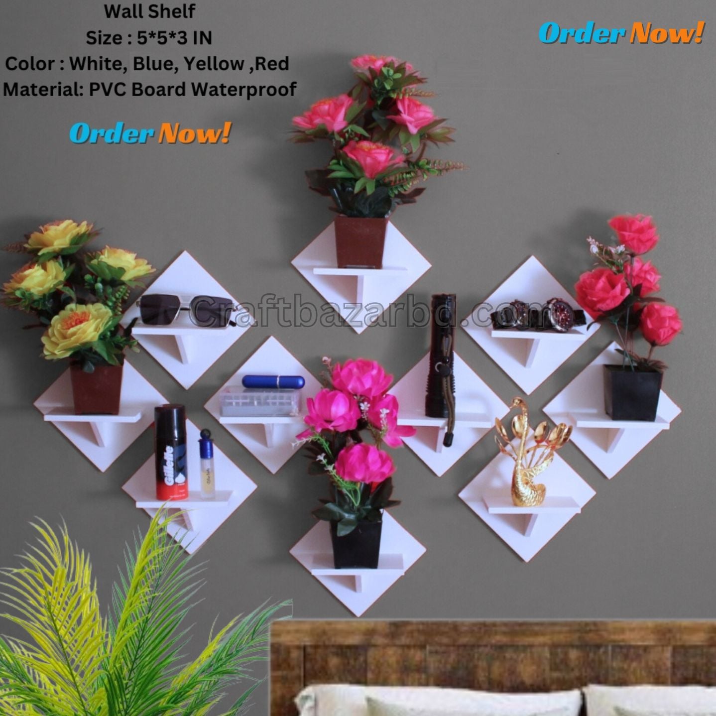 Picture of all Mounted Square Shape Showpiece Rack. Wall Decorative 5 Pcs 1 Set . Self Adhesive Hand Made Flower, Toffee,& Showpiece Holder