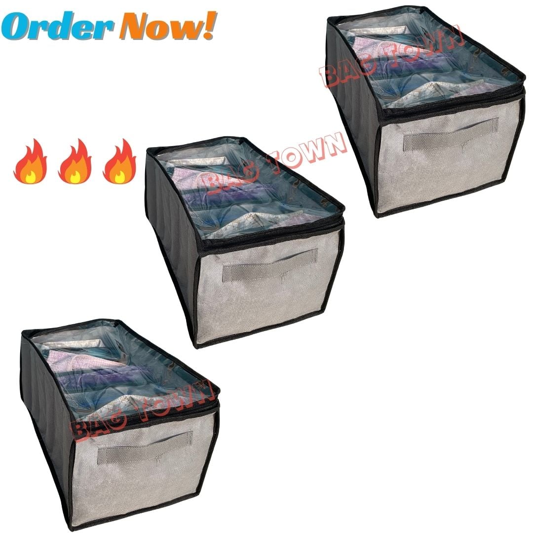Picture of 3 Pcs Pack 7 Grids Large) New Cloth Storage Box With Transparent Cover Premium Quality Dustproof Cloth Organizer Box With Zipper