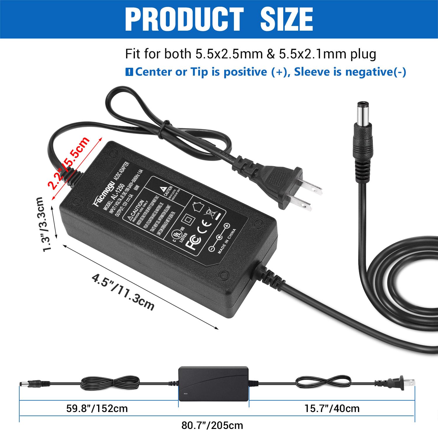 Picture of 12V 5A Power Adapter AC 100-220V to DC 60W Power Supply US Plug Switching PC Power Cord for LCD Monitor LED Strip Light DVR NVR Security Cameras System CCTV black