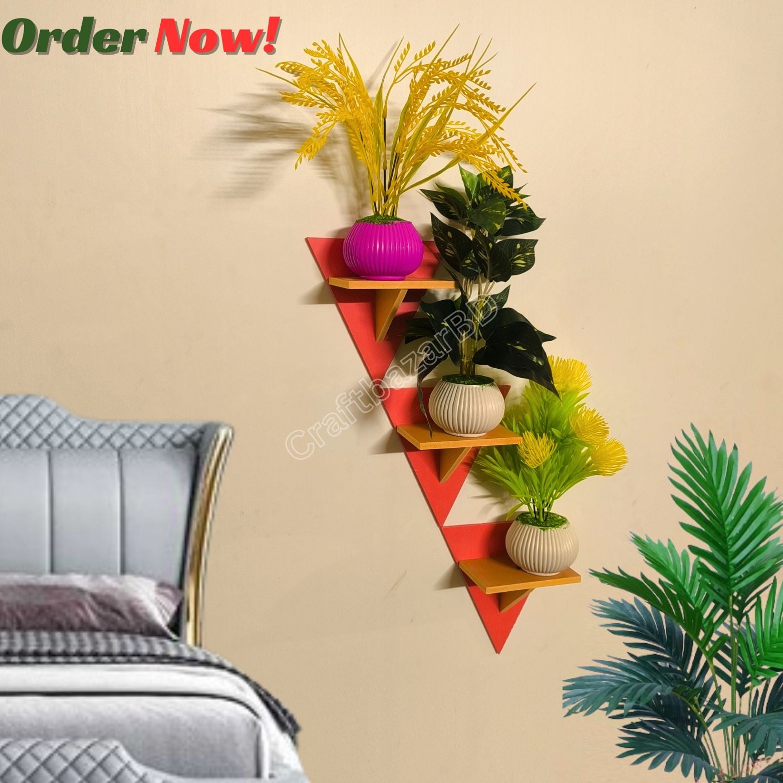 Picture of Square Shape Wall Shelf Without Flower . Self Adhesive Punch Free Wall Decor Waterproof Premium Quality.