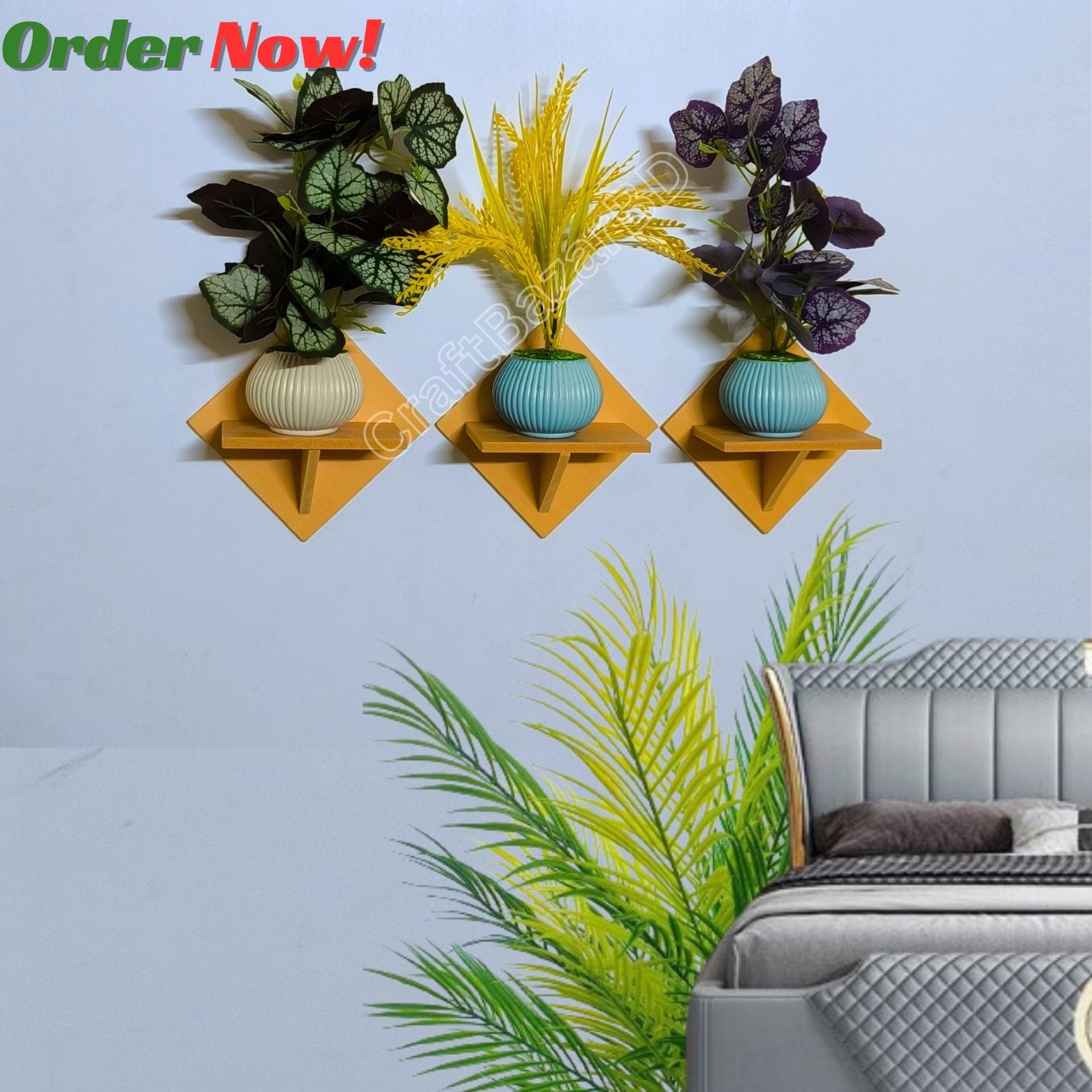 Picture of Square Shape Wall Shelf Without Flower . Self Adhesive Punch Free Wall Decor  Waterproof Premium Quality.