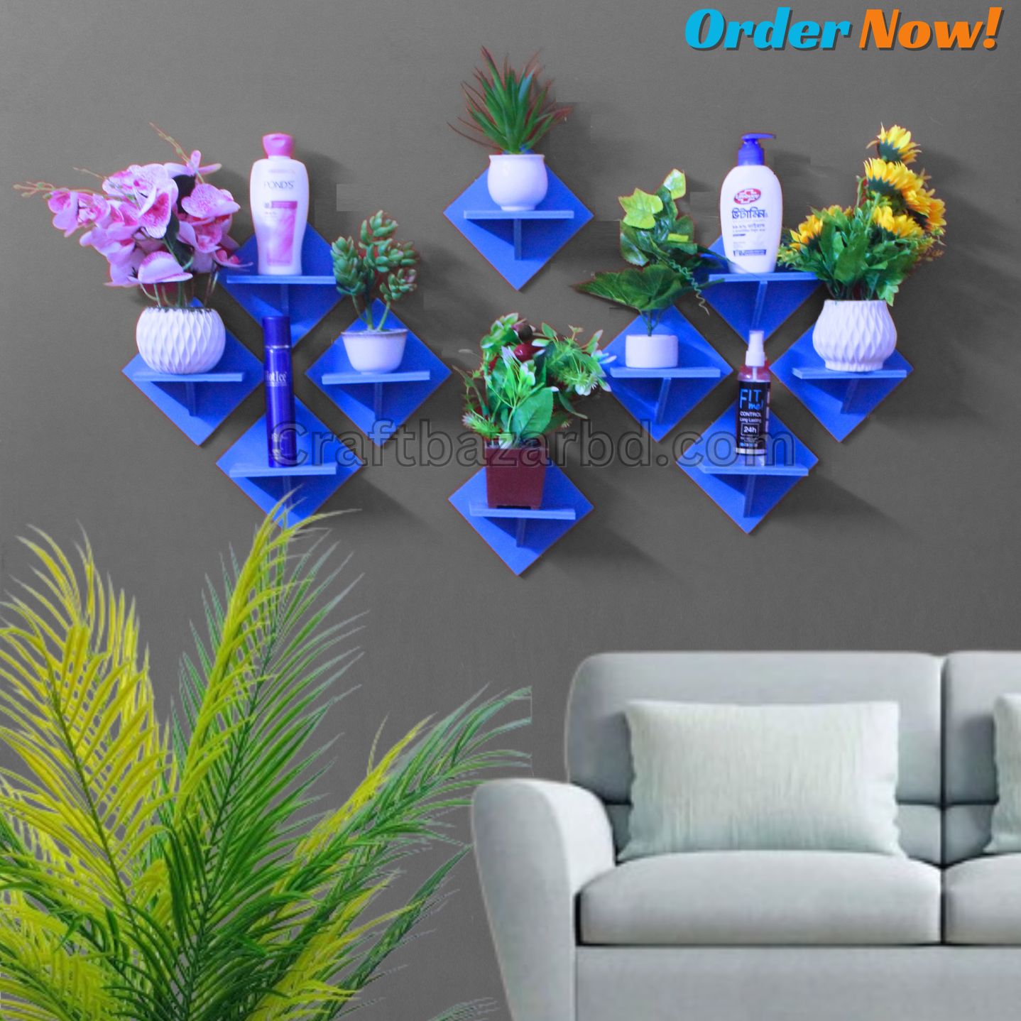 Picture of Square Shape Wall Shelf Without Flower . Self Adhesive Punch Free Wall Décor Waterproof Premium Quality.