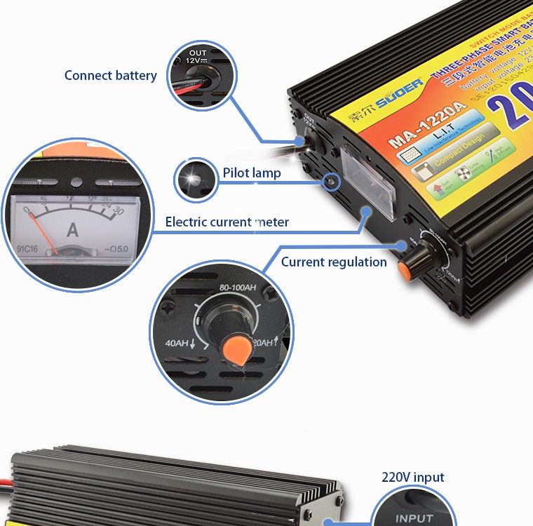 Picture of Digital Battery Charger 12v 20A Battery Charger full Auto and Digital Display - Intelligent Smart Battery Charger Full Auto Cut for 12v 20A to 200A Car Truck Autorickshaw Bikes IPS Industrial wet dry powder lead-acid Battery Black