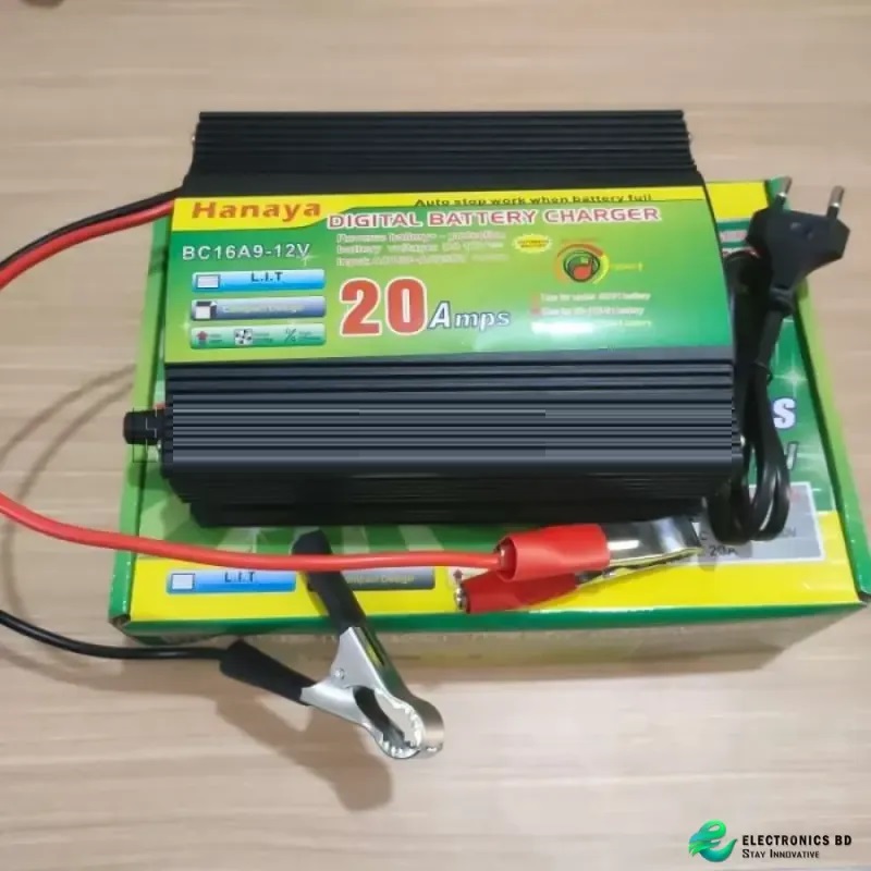 Picture of Digital Battery Charger 12v 20A Battery Charger full Auto and Digital Display - Intelligent Smart Battery Charger Full Auto Cut for 12v 20A to 200A Car Truck Autorickshaw Bikes IPS Industrial wet dry powder lead-acid Battery Black