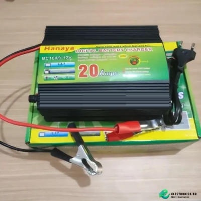 Picture of Digital Battery Charger 12v 20A Battery Charger full Auto and Digital Display - Intelligent Smart Battery Charger Full Auto Cut for 12v 20A to 200A Car Truck Autorickshaw Bikes IPS Industrial wet dry powder lead-acid Battery Black