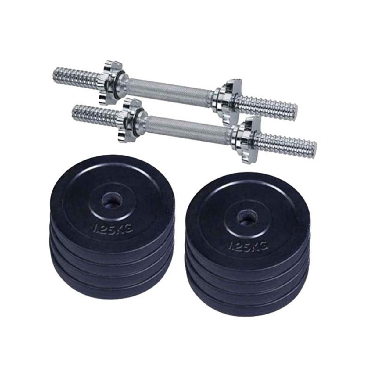 Picture of Combo Pack Of Eight-Piece Dumbbell Set With Two Sticks - 10Kg Black And Silver Dumbbells For Complete Workout Sessions