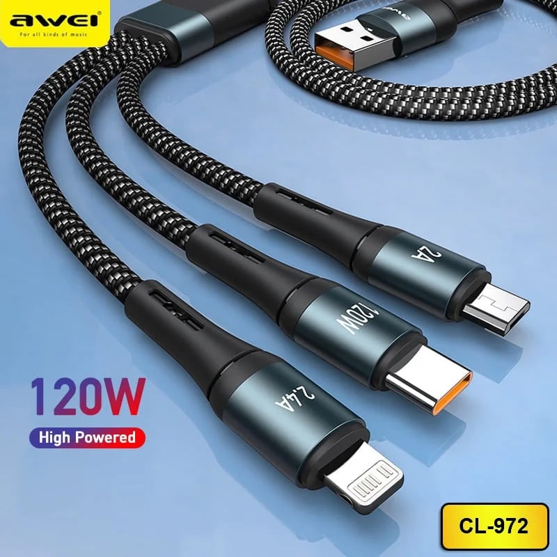 Picture of Awei CL-972 3 In 1Fast Charging Cable 120W Multi Usb Port Charging Cord USB Type C Micro Data Cable - Grey
