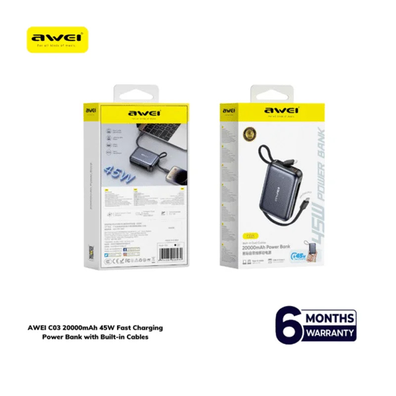 Picture of AWEI C03 20000mAh 45W Fast Charging Power Bank with Built-in Cables - Gray