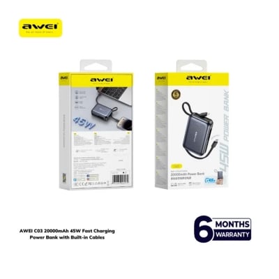 Picture of AWEI C03 20000mAh 45W Fast Charging Power Bank with Built-in Cables - Gray