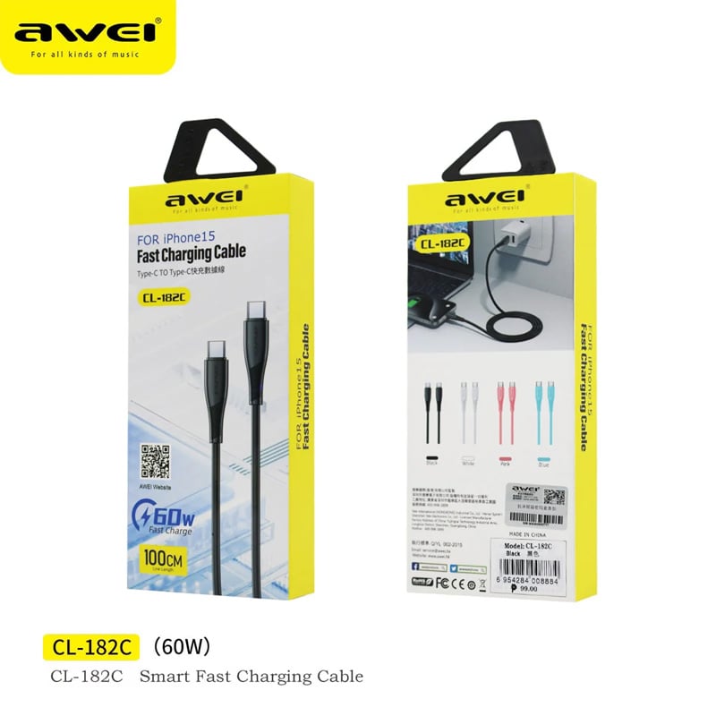 Picture of AWEI CL-182C 60W Type-C to Type-C Fast Charging & Data Sync Cable - Black