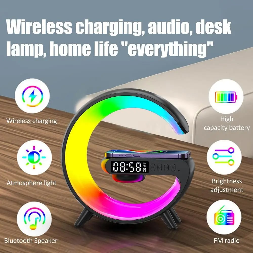 Picture of Smart light sound machine g63 4-IN-1 Bluetooth Speaker Alarm Clock Wireless Charger Home Stereo Loudspeaker Subwoofer RGB Night Light Lamp Fast Charging Station (Charging only For Iphone)