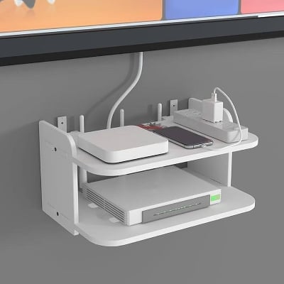 Picture of New Wifi Router Stand Double Layer Wall Mounted Home decorator PVC Tarpaulin - 2 Layer Wood Desk Set - Cloth Stand Wifi Modem Router Mobile Stand, Router, bathroom accessories, bathroom accessories corner rack, bathroom self, Jainamaz stand