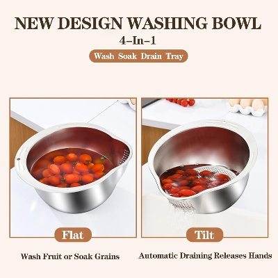 Picture of DOPMEP Rice Washer Strainer Bowl - 4-in-1 Washing Bowl for Quinoa, Stainless Steel Rinser With Side Drainers Small Colander for Cleaning Fruits, Vegetables, and Beans - Versatile Kitchen Tool