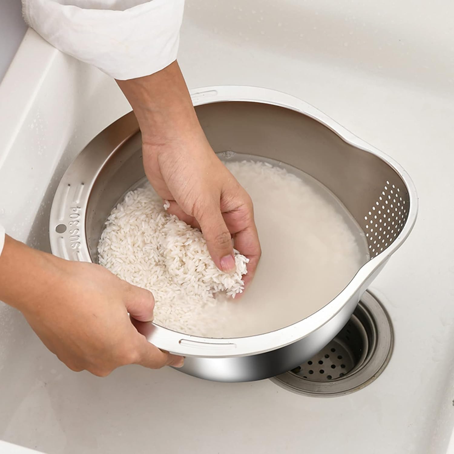 Picture of DOPMEP Rice Washer Strainer Bowl - 4-in-1 Washing Bowl for Quinoa, Stainless Steel Rinser With Side Drainers Small Colander for Cleaning Fruits, Vegetables, and Beans - Versatile Kitchen Tool