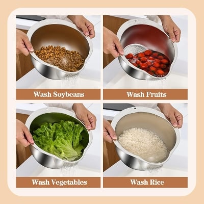 Picture of DOPMEP Rice Washer Strainer Bowl - 4-in-1 Washing Bowl for Quinoa, Stainless Steel Rinser With Side Drainers Small Colander for Cleaning Fruits, Vegetables, and Beans - Versatile Kitchen Tool