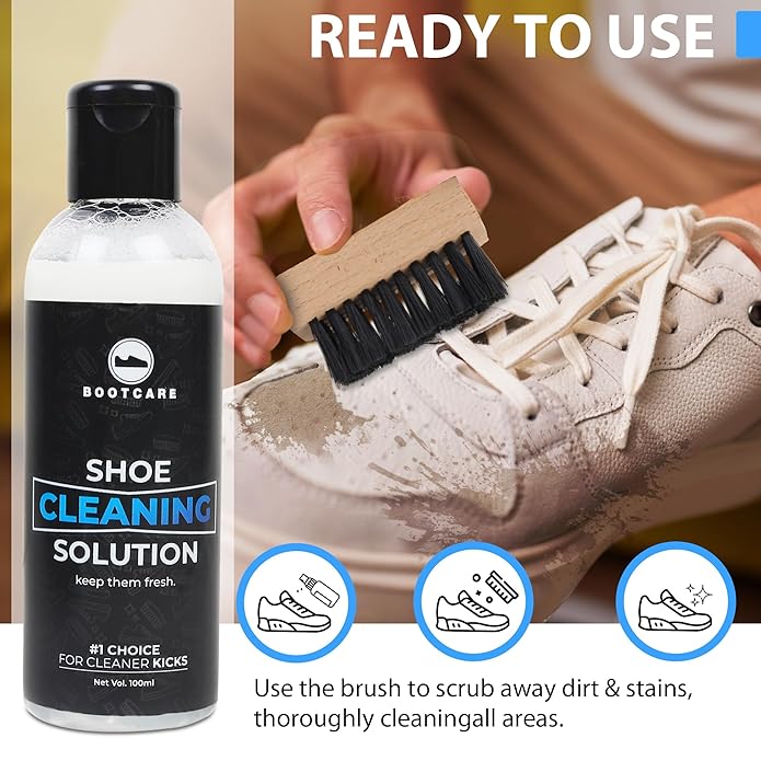 Picture of BootCare Shoe Cleaner Whitening Cleansing Liquid Shoe Fast Acting Cleaner Foaming Stain Remover For Shoes - Cleaner Suitable for Sneaker, Nubuck, Canvas, Knit, Trainers, Multi-Material,Suede & Many More,Travel Friendly Portable Kit (100 ml)