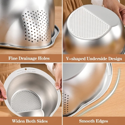 Picture of KesaPlan Rice Washer Strainer Bowl, 4-in-1 Washer Bowl Stainless Steel Rice Rinser Strainer Sink Colanders With Side Drainers for Cleaning Fruits, Vegetables, and Beans, Versatile Kitchen Tool