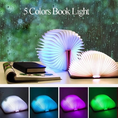 Picture of Rechargeable Folding Book Lamp, Wooden Book Light, 5 Colors Folding Night Light, Portable Desk Light USB Rechargeable Wooden Table Lamp Magnetic Design Creative Gift for Kids Family Girlfriend