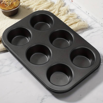 Picture of Round 6 Hole Non-Stick Carbon Steel Black Muffin Pans, Baking Cupcake  Trays Pans - Silver